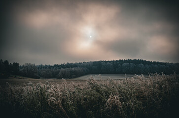 Landschaft an einem dunklen, frostigen Wintertag