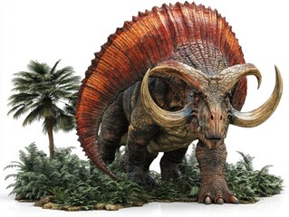 Fototapeta premium A large, prehistoric dinosaur-like creature with a spiked back, surrounded by tropical plants.