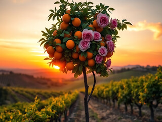A surreal tree blooms with vibrant oranges and delicate roses, set against a picturesque vineyard at sunset.

