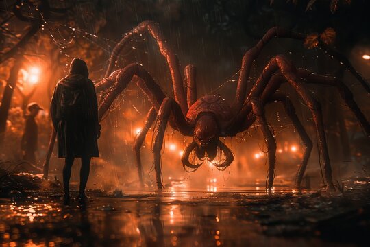 Giant spider looms over a lone figure in a dimly lit urban street at night