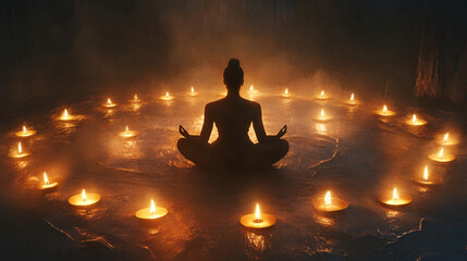 A peaceful soul in meditation, surrounded by a circle of lit candles, inviting serenity and introspection.