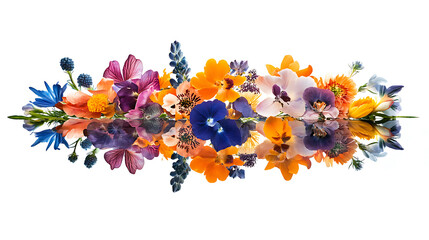 A lively floral bouquet arranged symmetrically on a crisp white surface 