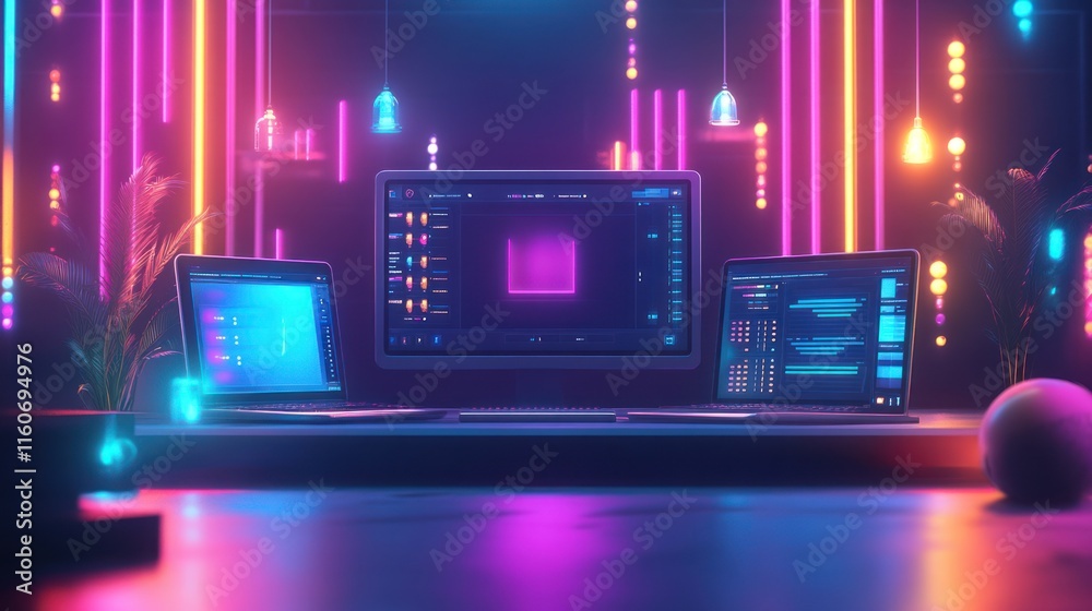 Poster neon-lit workspace with laptops and desktop displaying software interface.