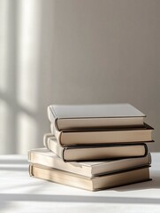 photo three blank stack of books side view on the white clean minimalist table