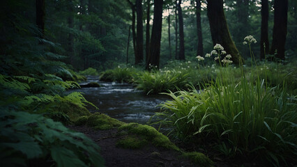 Obraz premium Misty Forest Path with Sunlight Streaming Through Trees in a Foggy Woodland Landscape