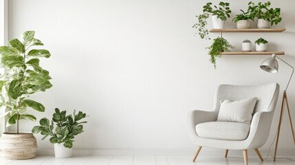 White armchair, plants, shelves, minimalist room interior.