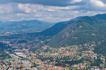 Aerial View of Town and Mountain Landscape