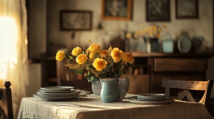 A cozy dining setup with a textured linen tablecloth, a bouquet of yellow roses, and a farmhouse-style wall with wooden decor