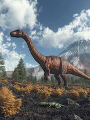 Fototapeta premium A large dinosaur stands in a prehistoric landscape with a volcano in the background.