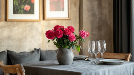 A cozy table setting with a gray linen tablecloth, vibrant roses in a ceramic vase, and a neutral-toned wall with framed art.