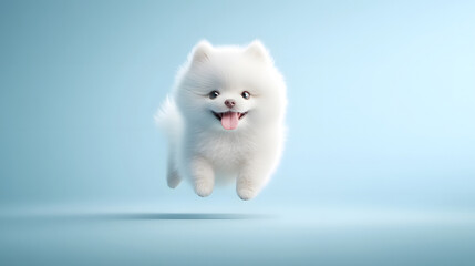 Fototapeta premium White dog joyfully jumps on a light blue background.