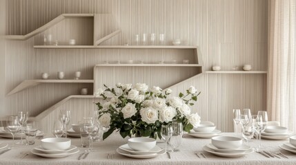 A modern dining setup with a textured linen tablecloth, white roses, and a wall decorated with geometric shelving.