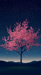 A magnificent and beautiful cherry blossom tree standing alone, with a beautiful view of the stars in the night sky