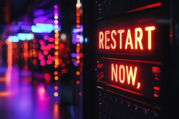 Neon Cybersecurity Warnings with "RESTART NOW" Message on Server Hub in High-Tech Environment Illuminated by Colorful Accents in Ar Style