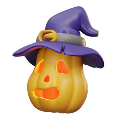 3d illustration Carved pumpkin with purple witchs hat 3