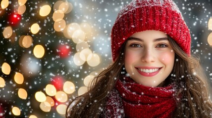 Woman Smiling In Red Winter Hat And Scarf In Snow