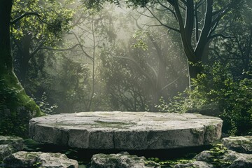 Flat stone podium in the magical forest   empty round stand background