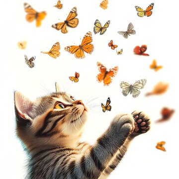 Playful kitten reaching for colorful butterflies in a whimsical scene.
