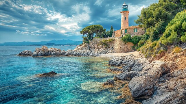 Lighthouse on rocky coastline.