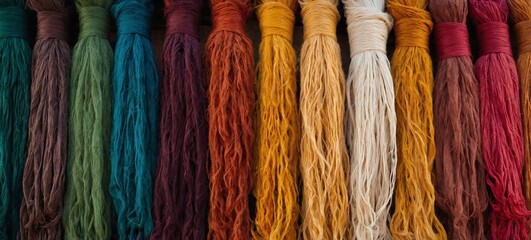Silk yarn is dyed with natural dyes hanging to dry after traditional dye process

