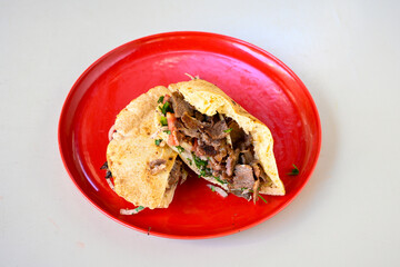 Meat Chicken Doner, between bread (Turkish Name : ekmek arasi et doner, tavuk doner, Gobit ekmek arasi, Turk kebabi)