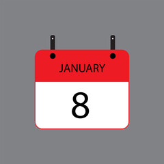 Calendar icon with January 8 date on grey background. Vector schedule symbol.