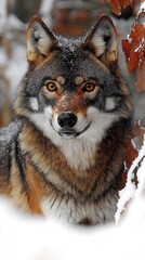 Obraz premium A close-up of a wolf in a snowy environment, showcasing its striking features and fur.