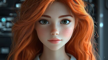 Fototapeta premium 3D cartoon girl illustration for animation, red head character, concept for mock-up, realistic innovative rendering, graphic design, and creative inspiration