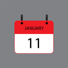 Calendar icon with January 11th date on grey background. Vector schedule symbol.