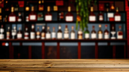 Wooden bar counter on a blurred background of bottles. Advertising space