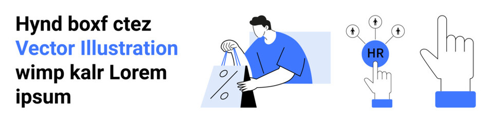 Human figure holding shopping bags, hand pressing HR button with connected options, and hand pointing up. Ideal for e-commerce, HR, online services, business strategy, technology interface, shopping