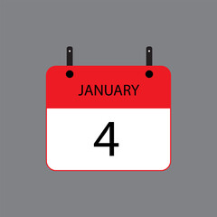 Calendar icon with January 4th date on grey background. Vector schedule symbol.