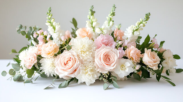 Pastel blooms in a harmonious composition with natural petals arranged on white 