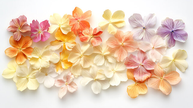 Pastel blooms in a harmonious composition with natural petals arranged on white 