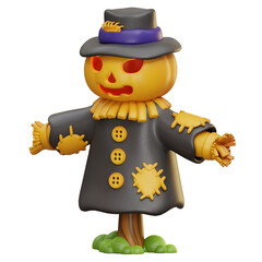 3d illustration jackolantern scarecrow wears a hat and stands on a post 3