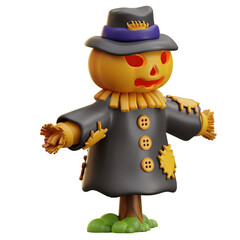 3d illustration jackolantern scarecrow wears a hat and stands on a post 4