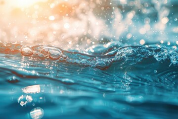 Blurred blue water surface with splashes and bubbles. Trendy nature background.