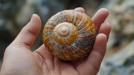 Intricate seashell held in hand against a backdrop of warm autumn colors