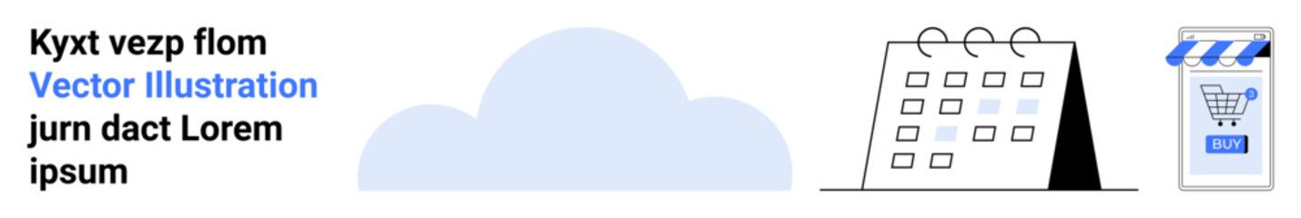 Text, blue cloud, calendar, store with cart icon. Ideal for e-commerce, scheduling, time management, cloud storage, business planning, digital marketing, promotions. Landing page