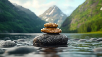 Serene Nordic fjord landscape with stones in focus. Generative AI