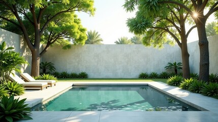 Serene Poolside Oasis Lush Greenery, Tranquil Water, and Relaxing Loungers in a Private Courtyard Retreat