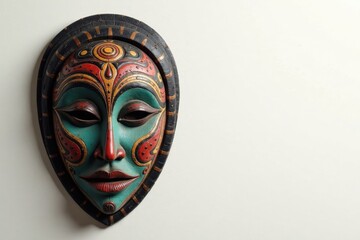 Hand-painted wooden mask with vibrant colors and intricate designs, a cultural artifact showcasing ancient artistry