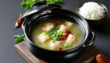Flavorful Haejang Guk: Traditional Hangover Soup in Elegant Black Bowl with Rice