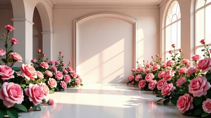 Fototapeta premium Elegant Room Decorated with Blooming Pink Roses and Sunlight Streaming Through Large Windows