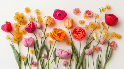 Fototapeta premium Elegant Floral Composition with Tulips, Roses, and Mimosa on White Background
