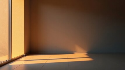 Obraz premium Warm Sunlight Illuminates an Empty Room's Interior Space, Casting Long Shadows Across the Smooth Floor and Walls