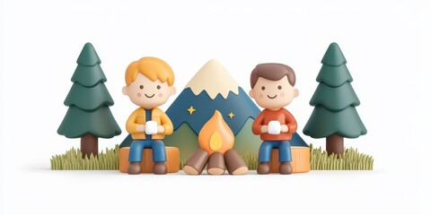 Two boys enjoying a camping experience by the campfire in a serene mountain setting.
