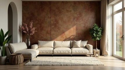 Modern Living Room Interior Design with Beige Sofa and Earthy Wall Decor