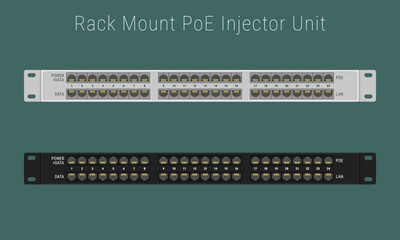 Power injector 1U panels for a 19-inch server rack or cabinet. Vector illustration in flat style