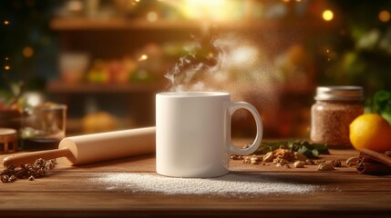 Fototapeta premium Hot mug mockup with spices and rolling pin on wooden table. Generative AI